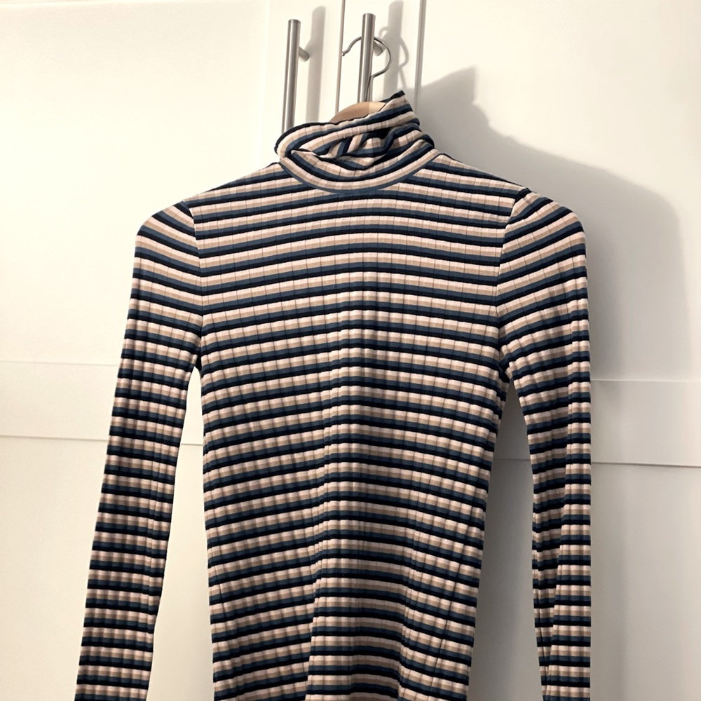 Blue black and beige striped turtle neck